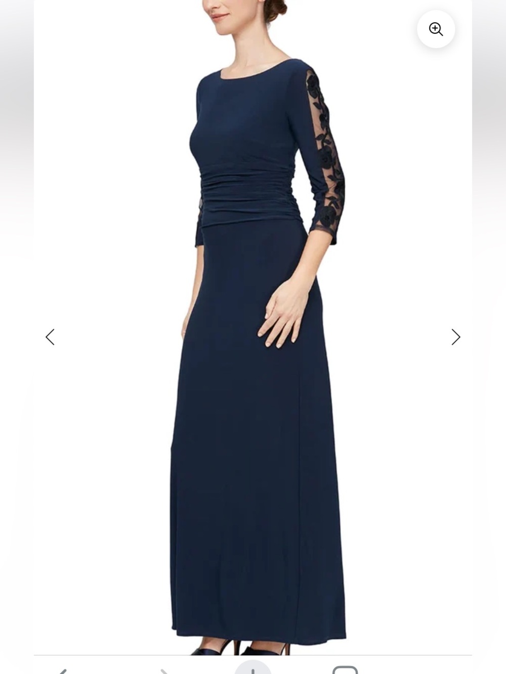 Elegant Navy Evening Gown with Embroidered Sheer Sleeves